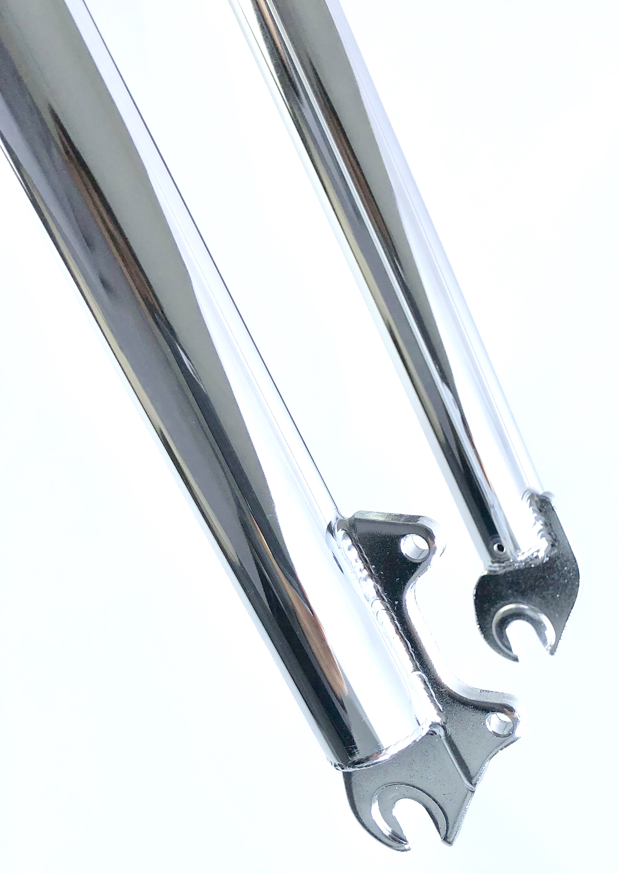 Fourche double couronne, tige longue, décalage, 84 cm, acier chromé et aluminium poli  1 1/8 tige