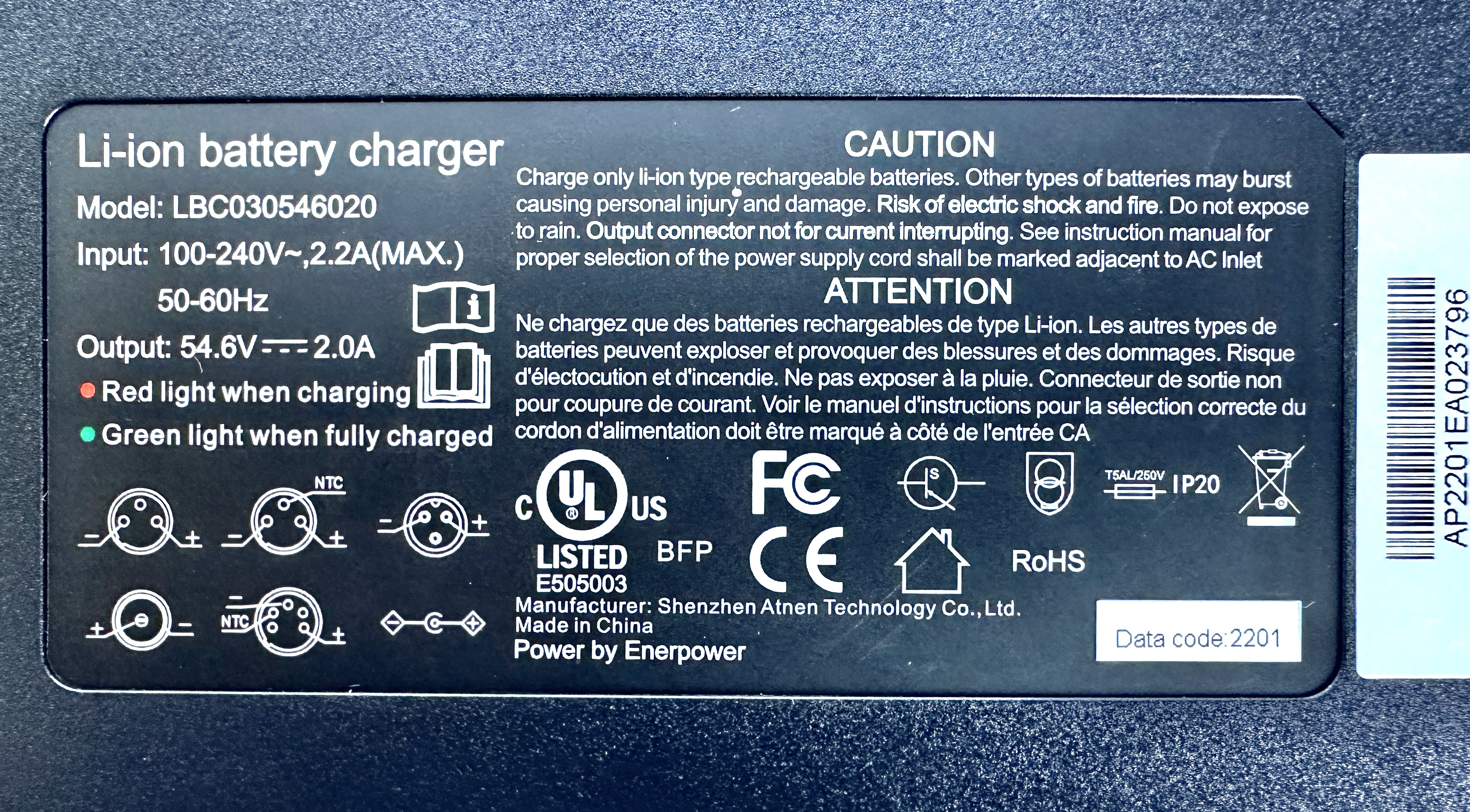 48V Chargeur de batterie Li-ion DC, 100 - 240V 2.2A